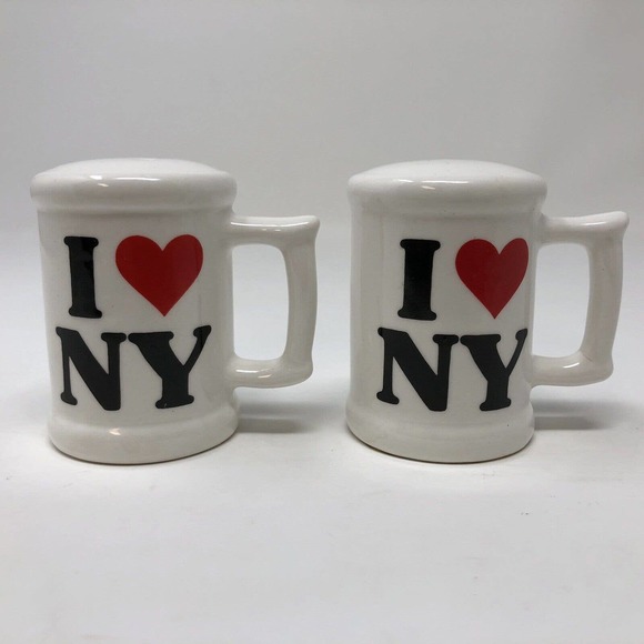 I Love New York NY Salt Pepper Shakers Set Mug Shape Handle Karol Western Korea - Picture 1 of 9
